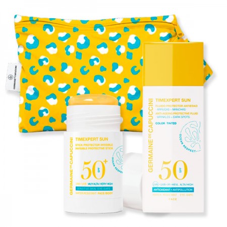 Pack solar facial SPF50 con color y stick invisible Timexpert Sun Germaine de Capuccini con regalo.
