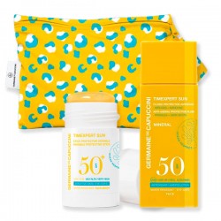 Pack Fluido Solar Mineral SPF50 Timexpert Sun Germaine de Capuccini con stick invisible y bolsa regalo.